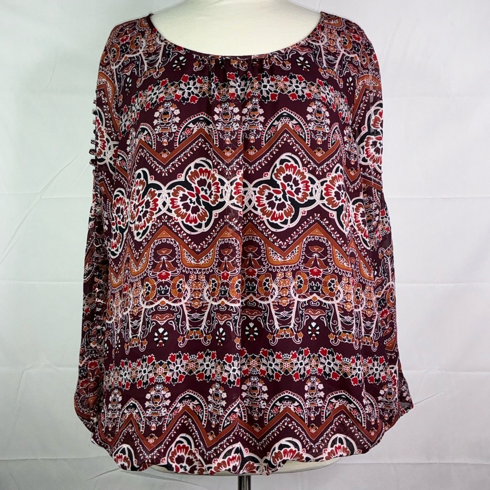 I.N. Studio Plus Size 2Xβ Top Boho Burgundy Brown Floral Patterned Fall Blouse